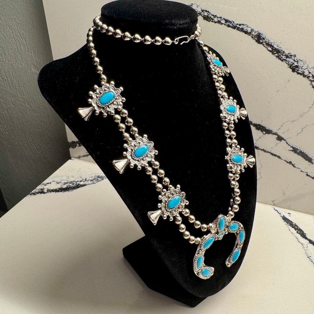 Southwestern Faux Turquoise Squash Blossom Naja Statement Necklace - Picture 3 of 7